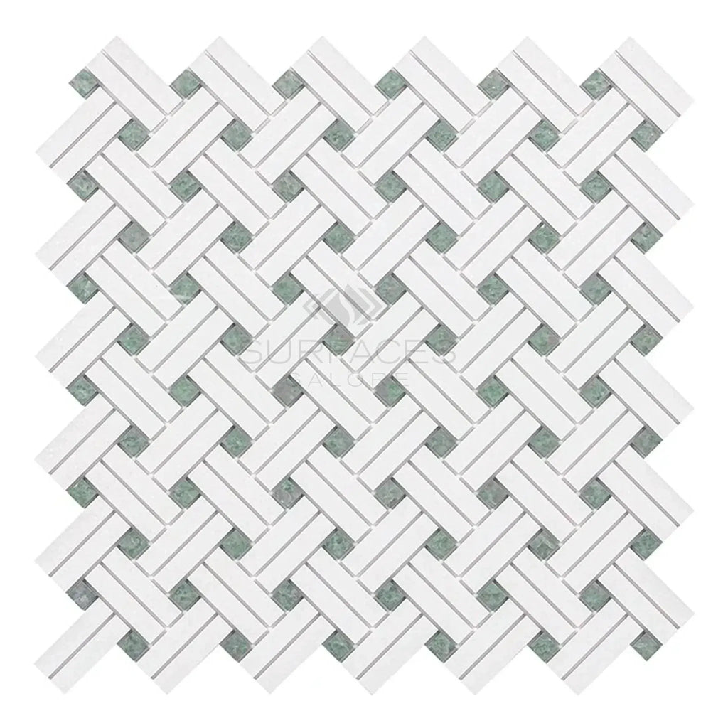 White and gray basketweave mosaic tile in Thassos White Stanza Marble design