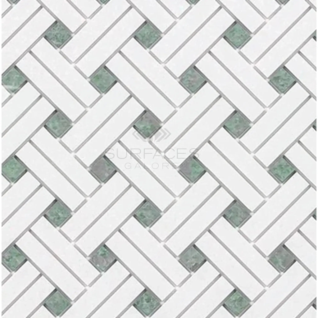 White and green herringbone tile pattern in Thassos White Stanza Mosaic Marble