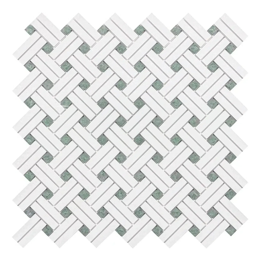 Woven white and gray tile pattern of Thassos White Stanza Mosaic Marble Polished or Honed