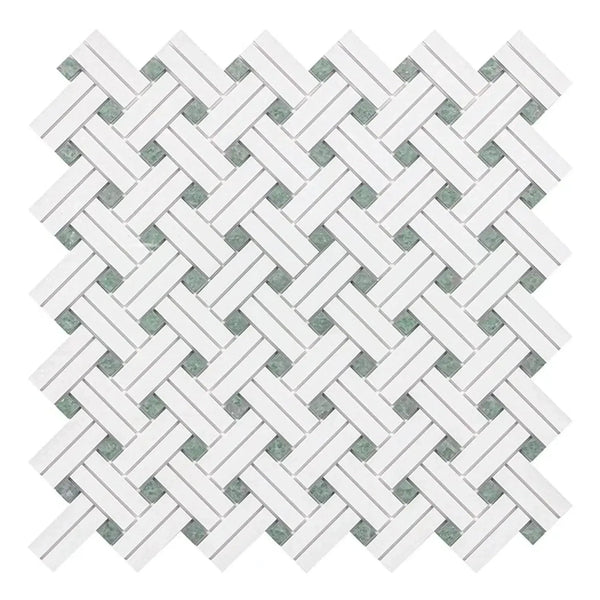 Woven white and gray tile pattern of Thassos White Stanza Mosaic Marble Polished or Honed