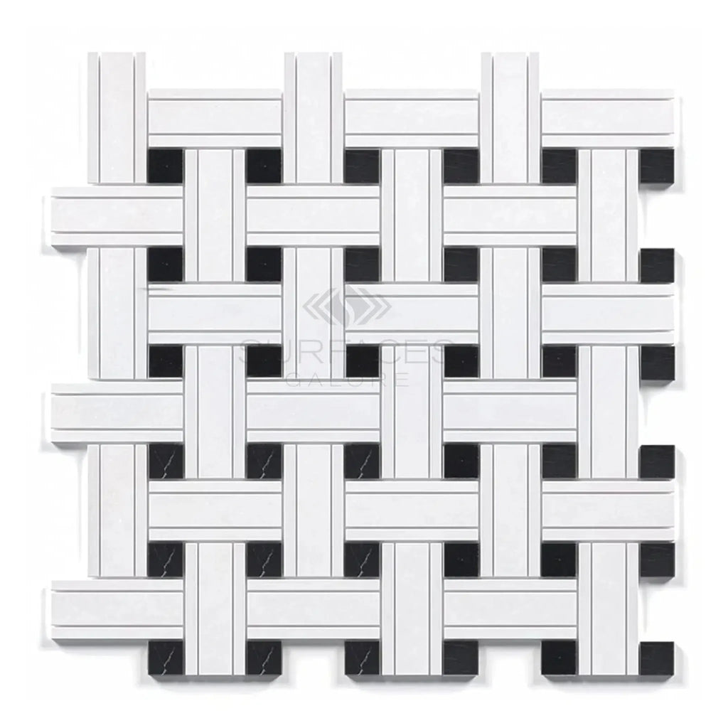 Woven white and black tile pattern of Thassos White Triple-Weave Mosaic Marble