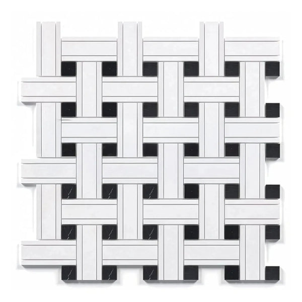 Woven white and black tile pattern in Thassos White Triple-Weave Mosaic Marble