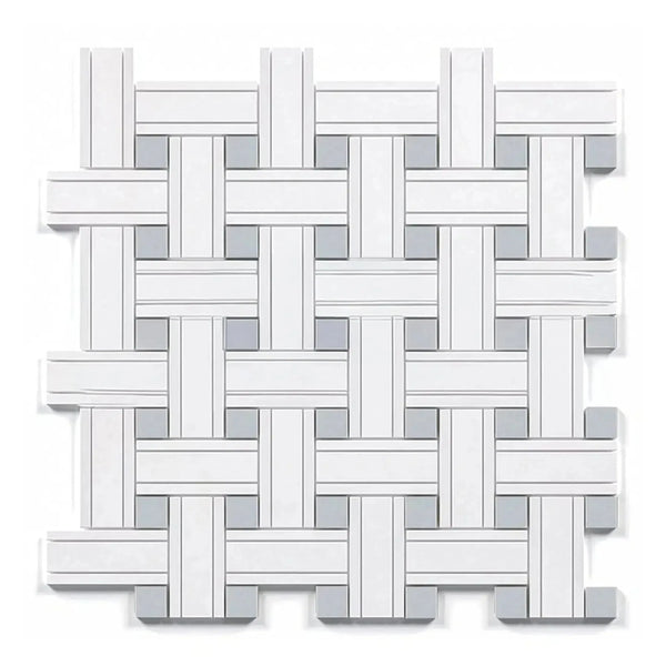 Woven white and gray tile pattern of Thassos White Triple-Weave Mosaic Marble