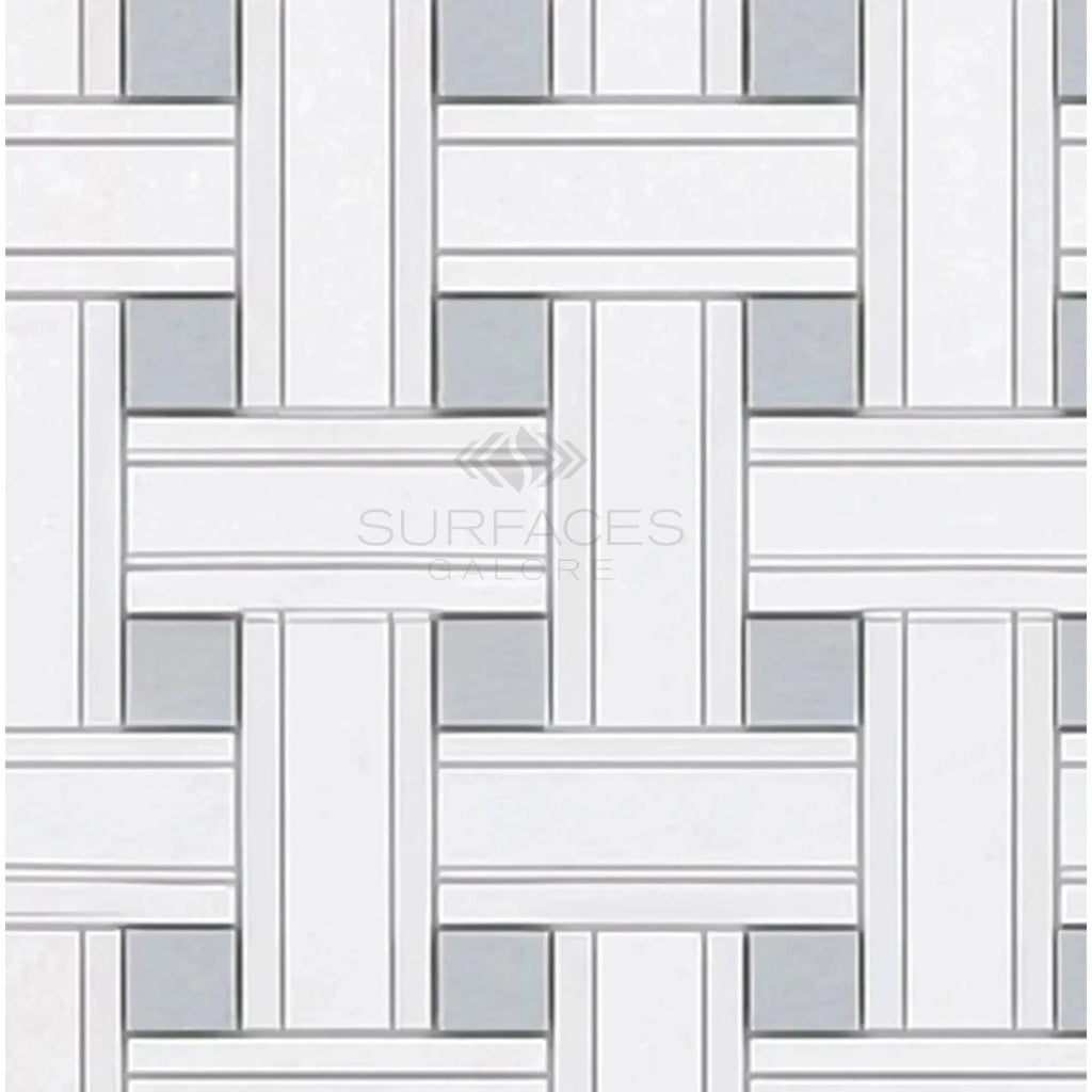 Woven-patterned Thassos White Triple-Weave Mosaic Marble with Blue-Gray accents