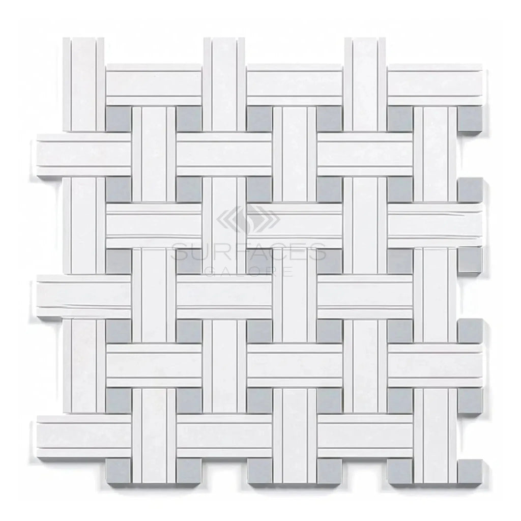 Woven white and gray tile pattern of Thassos White Triple-Weave Mosaic Marble