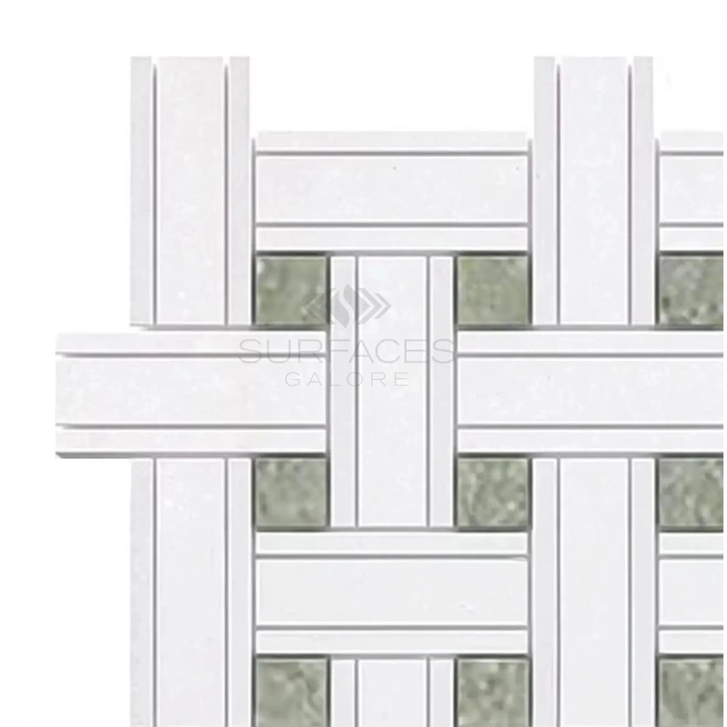 Woven white and green stone mosaic tile in Thassos White Triple-Weave design