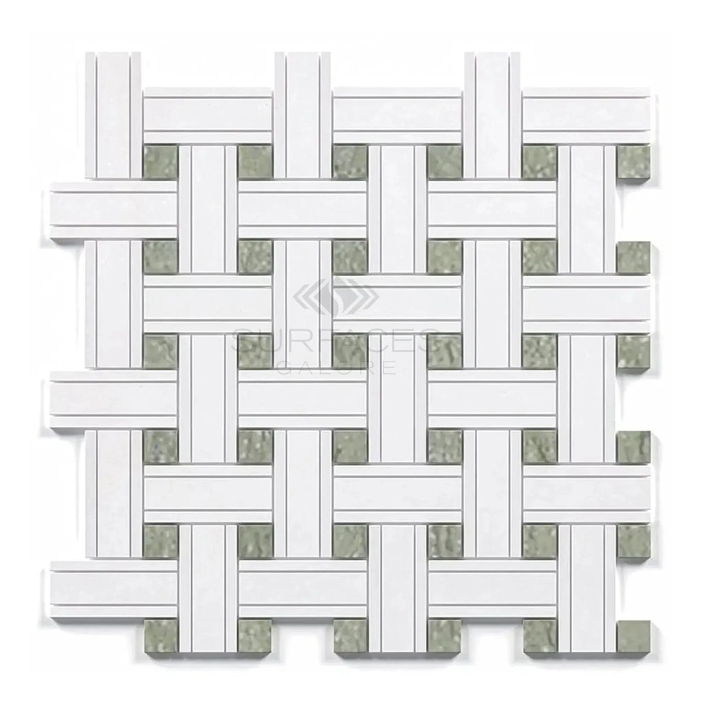 Woven white and gray mosaic tile from Thassos White Triple-Weave with Ming Green accents