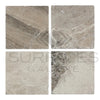 Four square Tundra Gray 12X12 Marble Tumbled tiles showcasing a sleek design