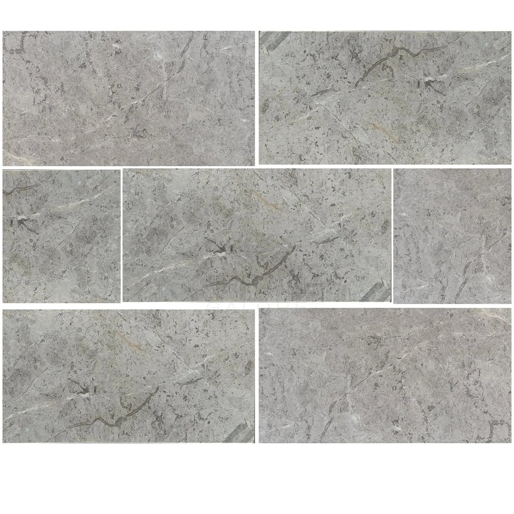 Gray marble tile arrangement showcasing Tundra Gray 12X24 Marble Polished or Honed