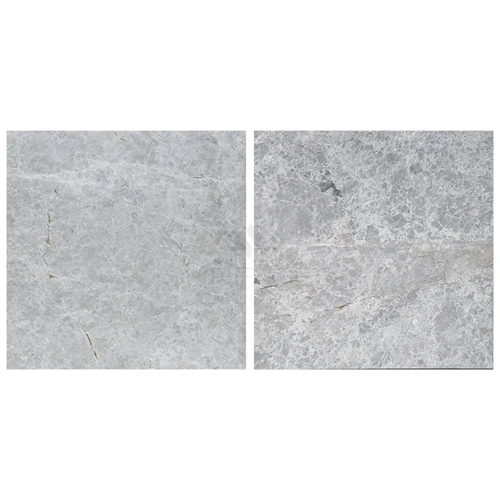 Two gray marble tiles from Tundra Gray 18X18 Marble Polished or Honed collection