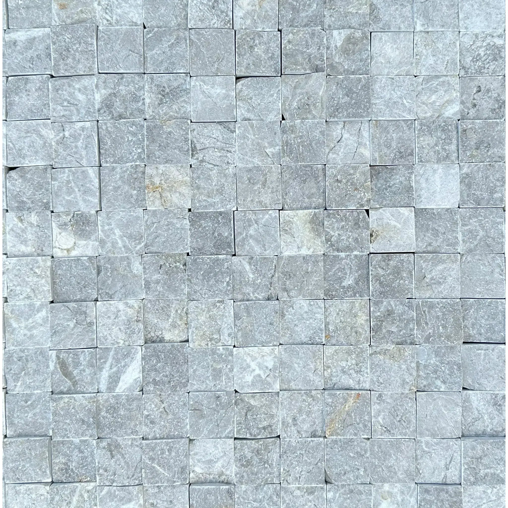 Gray square mosaic tile pattern of Tundra Gray 1X1 Marble Mosaic Split-Faced