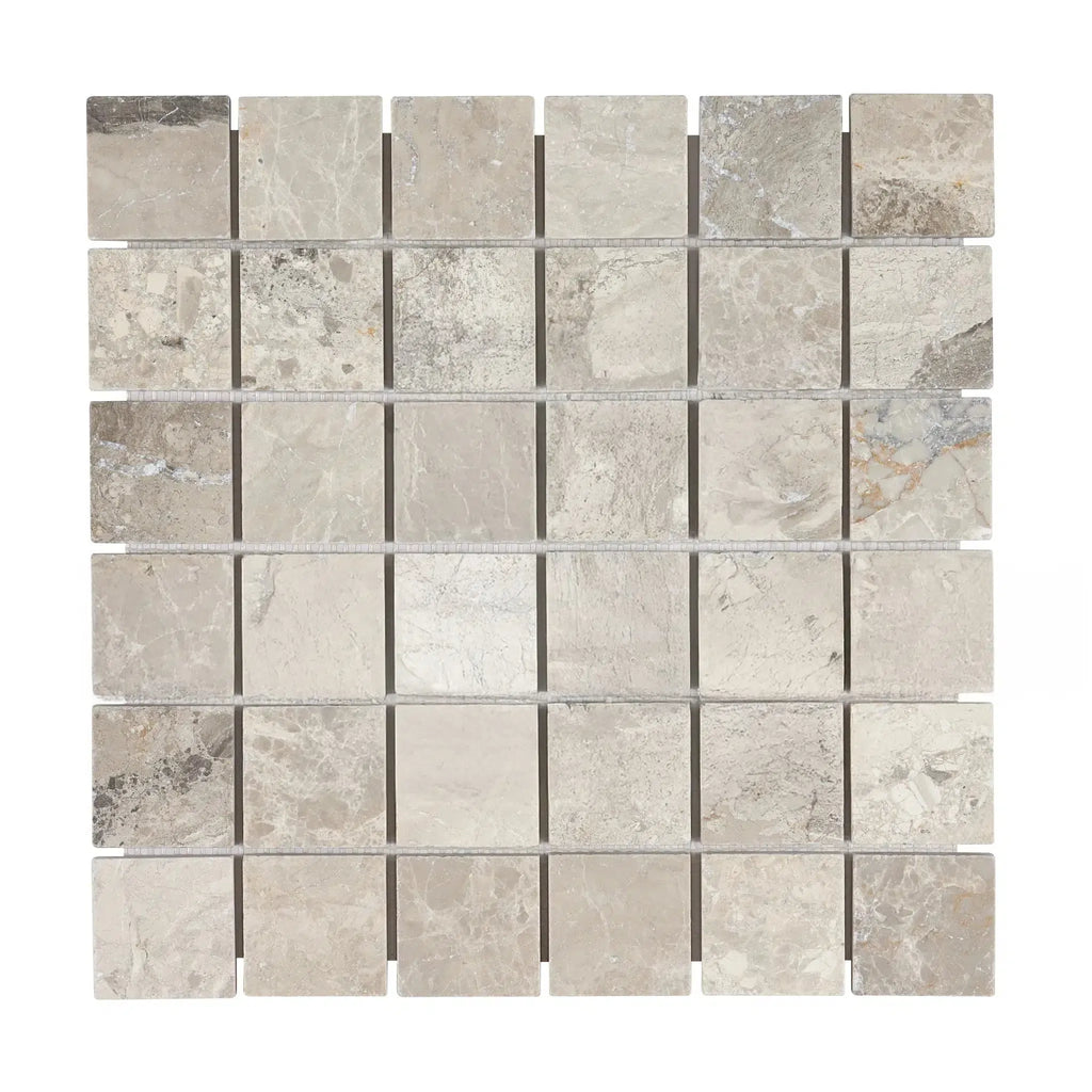 Tundra Gray 1X1 Marble Mosaic Tumbled tile sheet showcasing elegant mosaic pattern