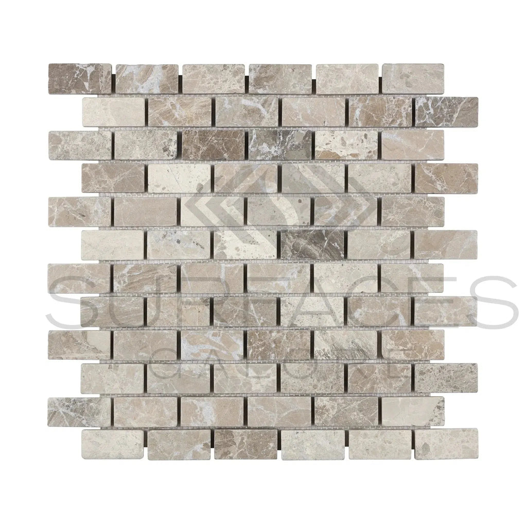 Rectangular Tundra Gray 1x2 marble mosaic tumbled tile for elegant interior design