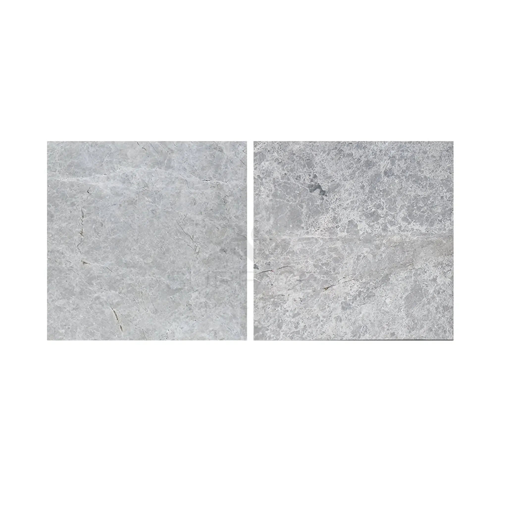 Two gray marble tiles from Tundra Gray 24X24 Marble Polished or Honed collection