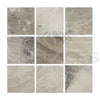 Nine square Tundra Gray 6X6 Marble Tumbled tiles arranged in a stylish display