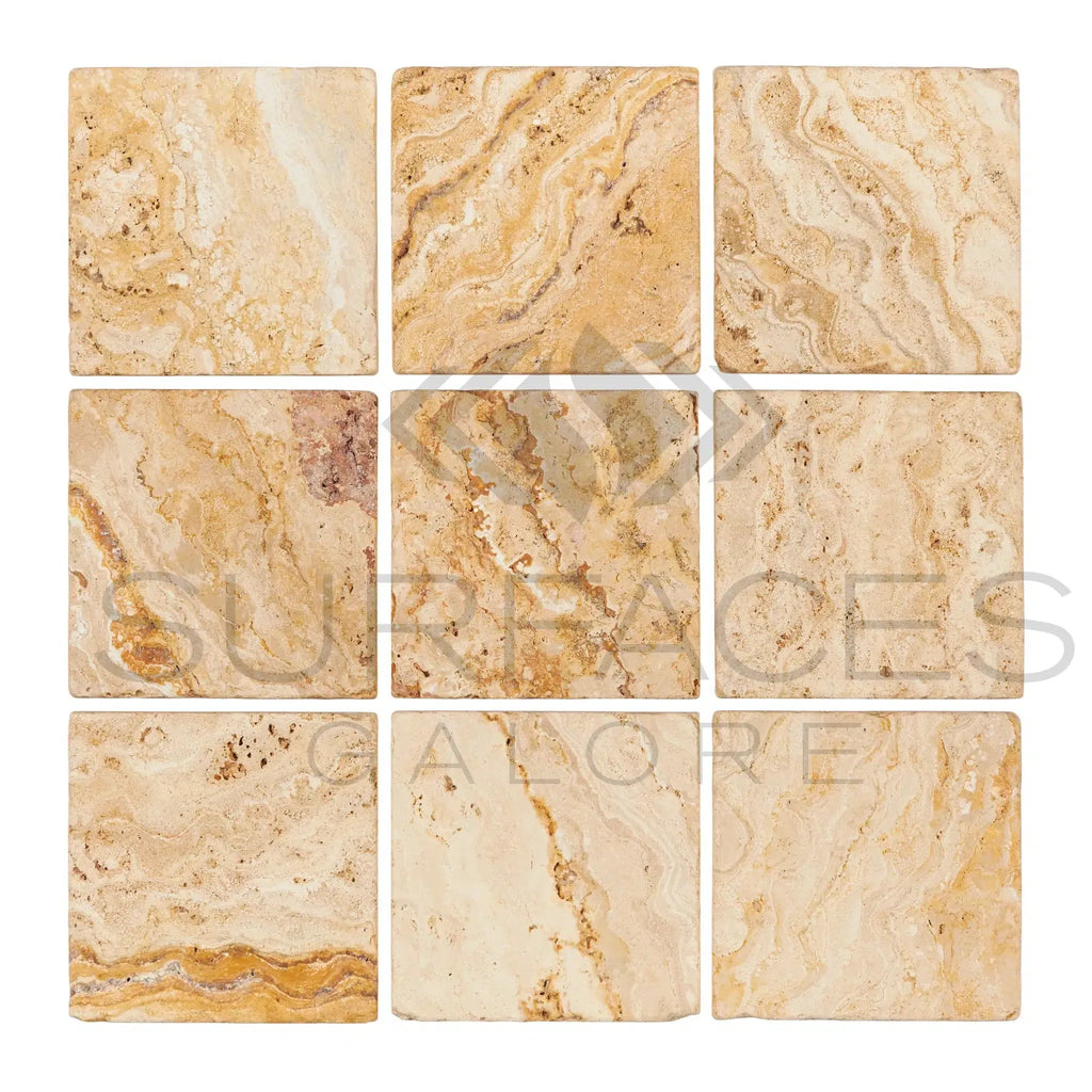 Nine Valencia Travertine 12X12 Filled and Honed tiles showcasing elegant natural beauty