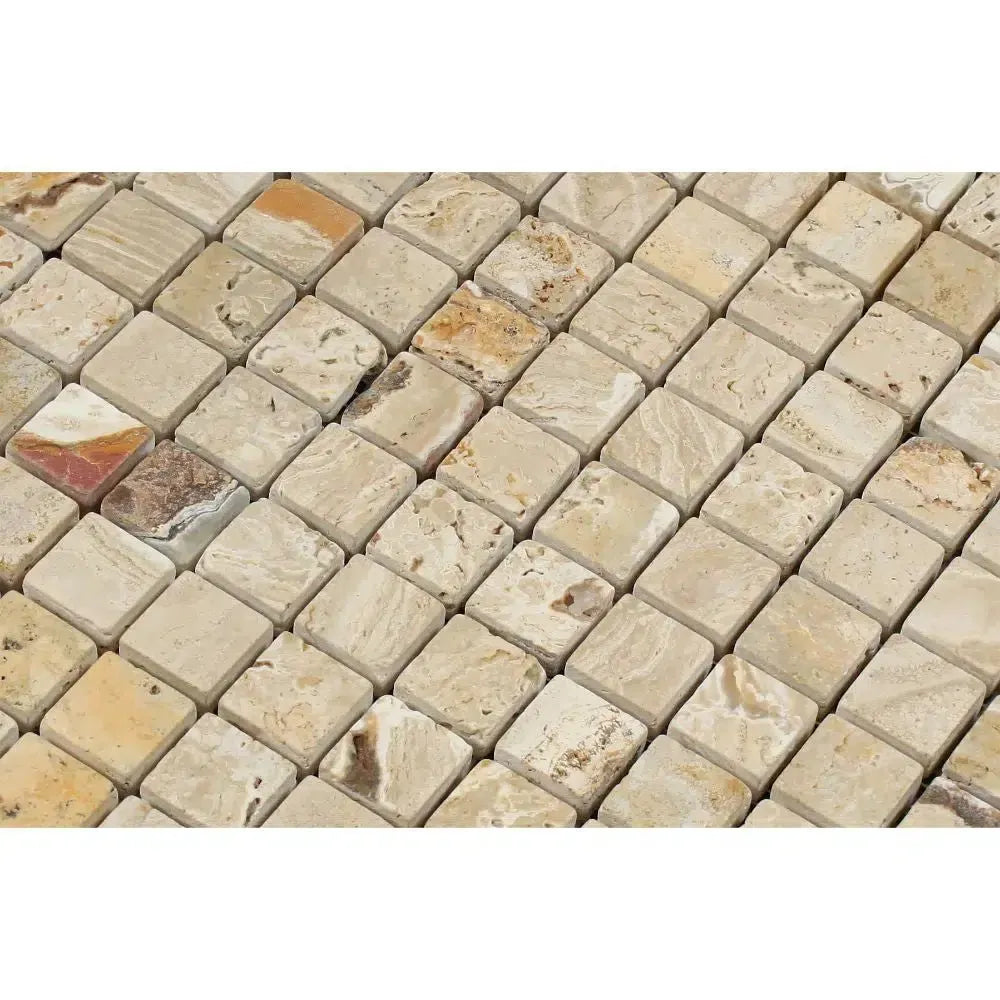 Tumbled Travertine Mosaic Tile in Valencia Travertine 1X1 format for elegant decor