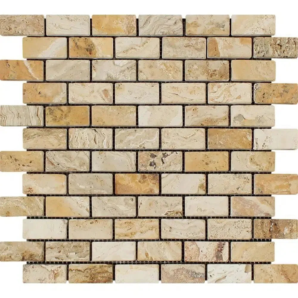 Valencia Travertine 1X2 Brick Mosaic Tumbled tile showcasing elegant natural stone design