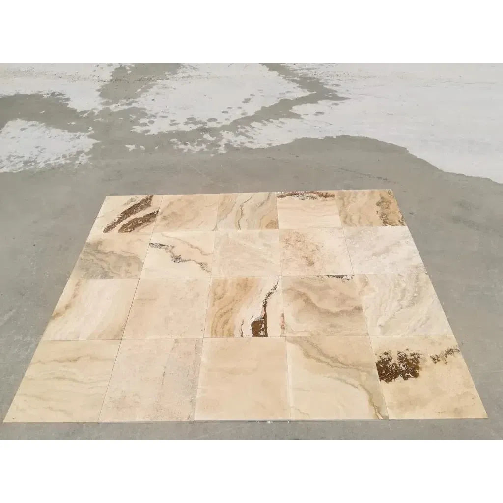 Rectangular marble tile arrangement of Valencia Travertine 1X2 Brick Mosaic Tumbled