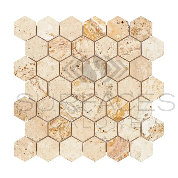 Beige Travertine Hexagon Mosaic Tile in Valencia Travertine 2 Inch Tumbled Design