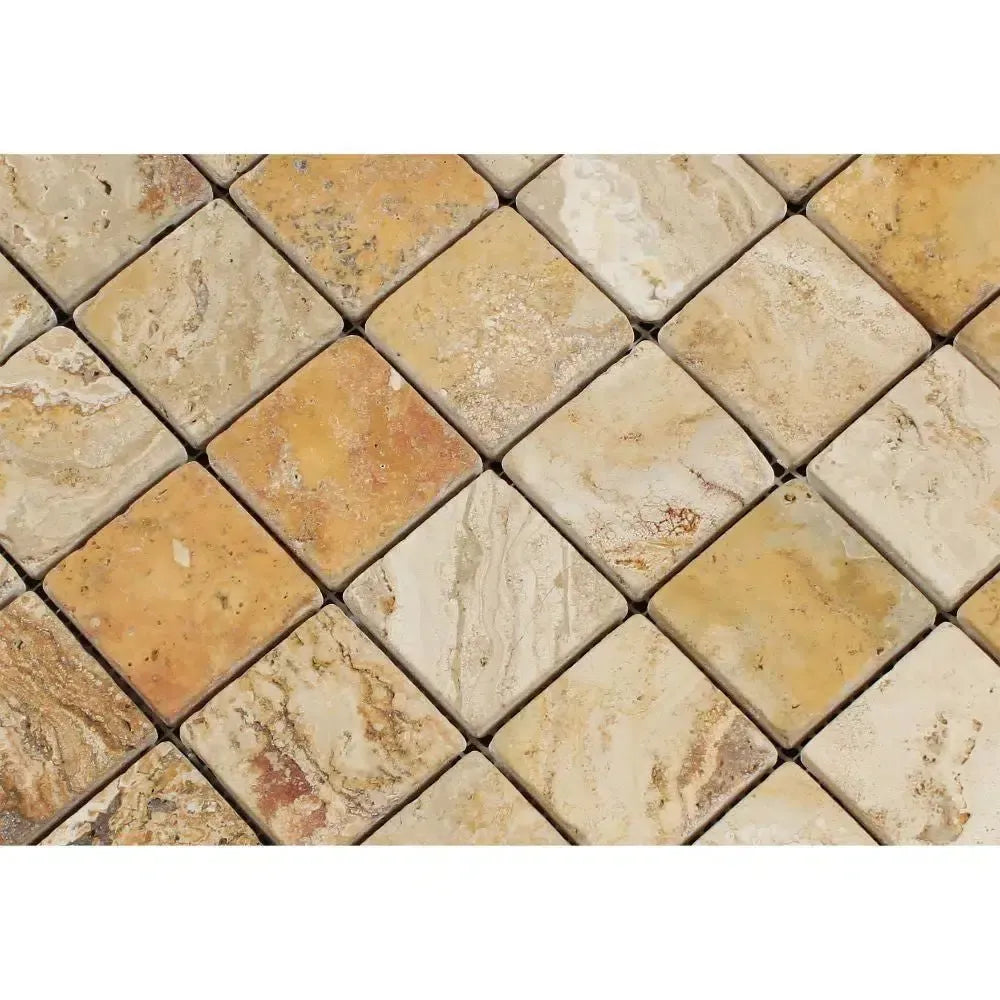 Tiled stone pattern featuring Valencia Travertine 2X2 Mosaic Tumbled design