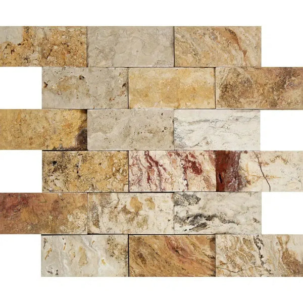 Valencia Travertine 2X4 Brick Mosaic Split-Faced multi-colored stone brick wall