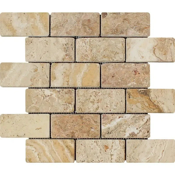 Valencia Travertine 2X4 Brick Mosaic Tumbled in natural stone tile format