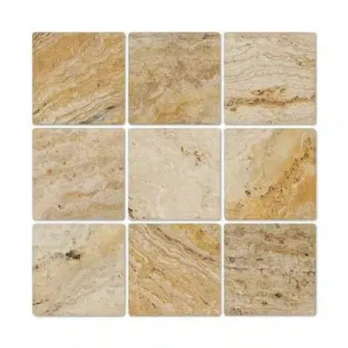 Nine Valencia Travertine 4X4 Tumbled tiles arranged in an elegant display