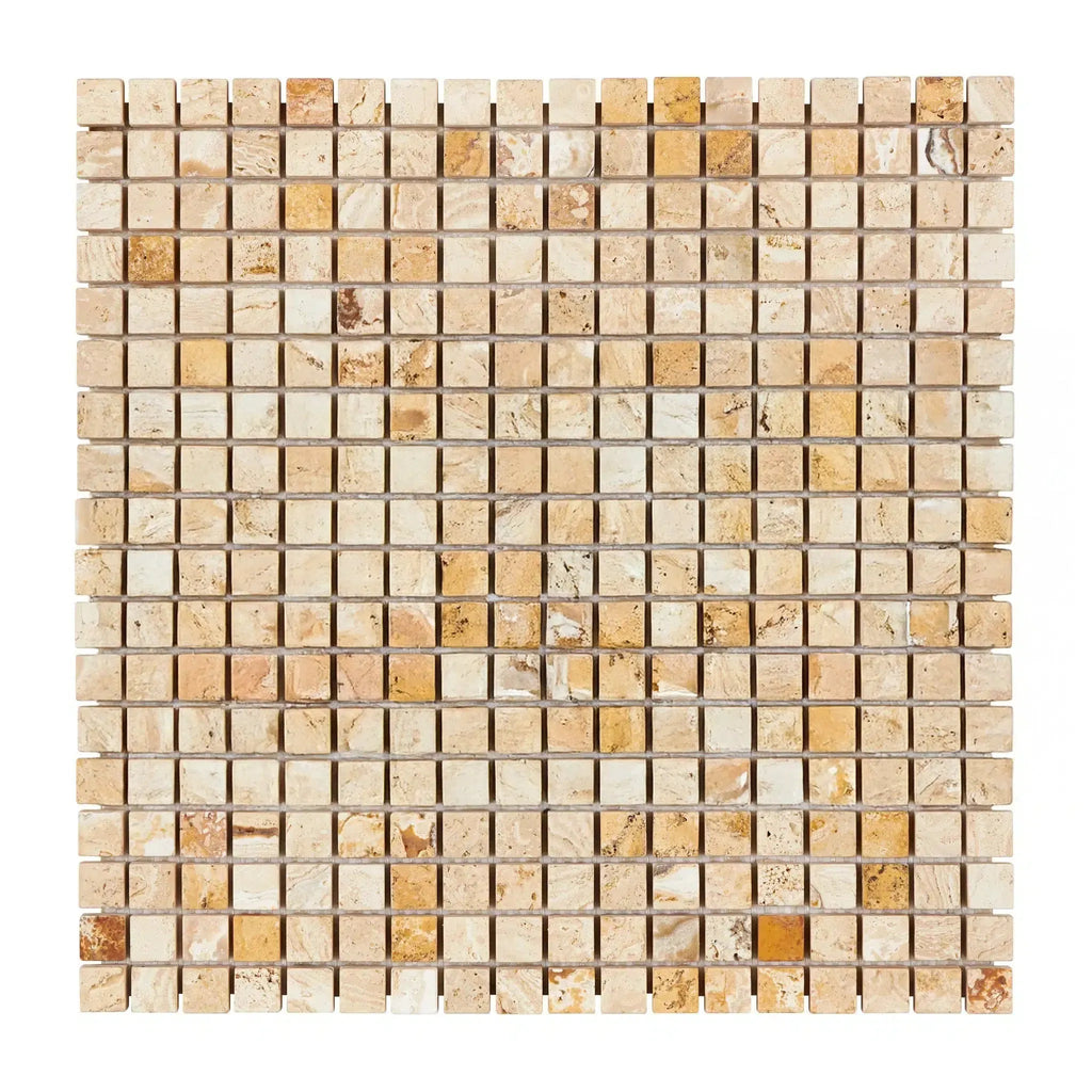 Square mosaic tile sheet of Valencia Travertine 5/8X5/8 Mosaic Tumbled design