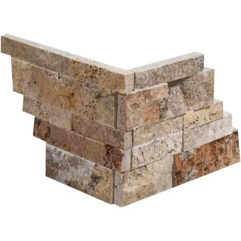 Stacked stone corner piece of Valencia Travertine Ledger-Panel in split-faced design