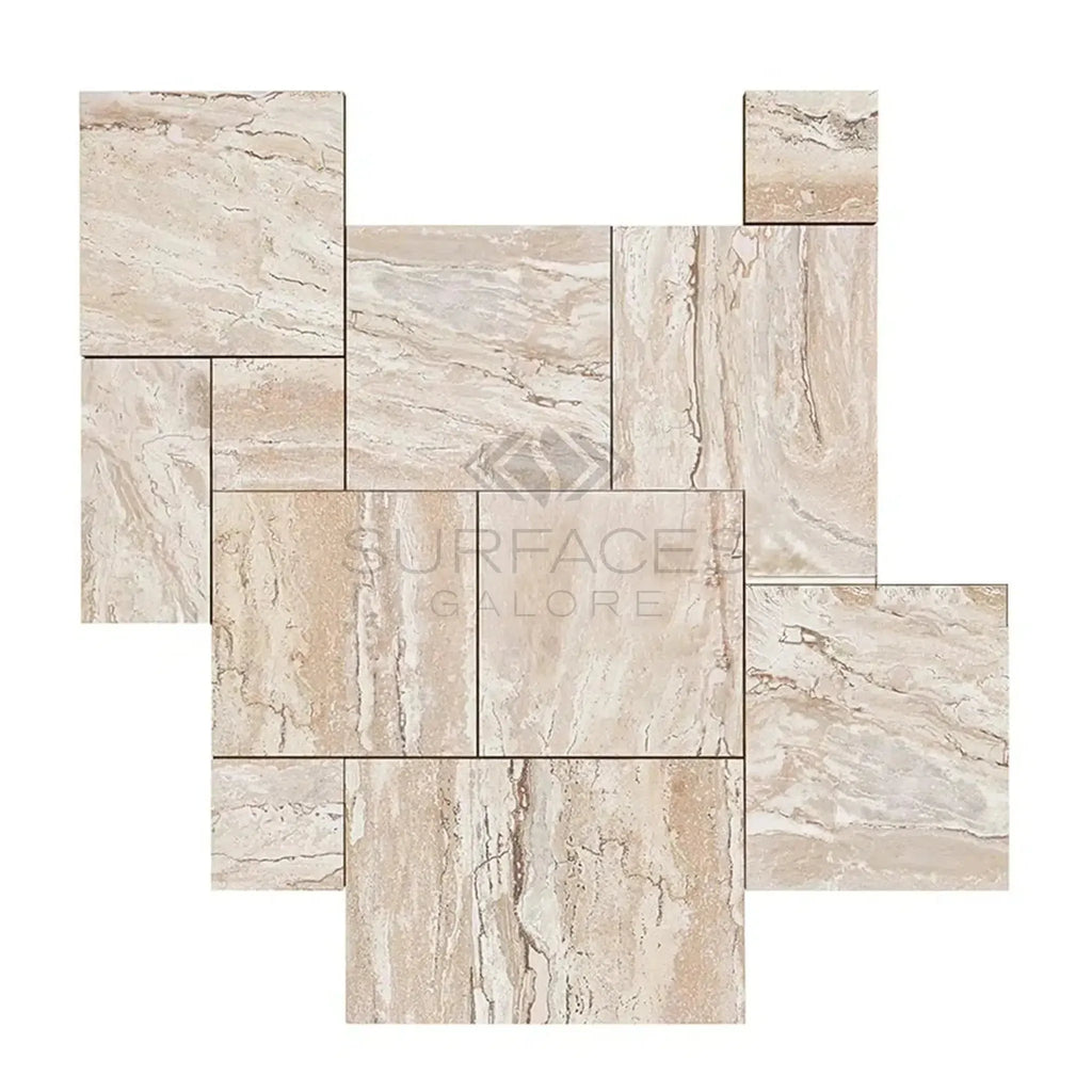 Valerenga Travertine tile arrangement in Versailles pattern, unfilled, brushed, and chiseled