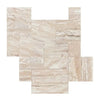 Valerenga Travertine mosaic tile set in Versailles pattern, unfilled, brushed, and chiseled