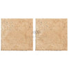 Two Walnut Travertine 18X18 tiles with unfilled, brushed, and chiseled edges