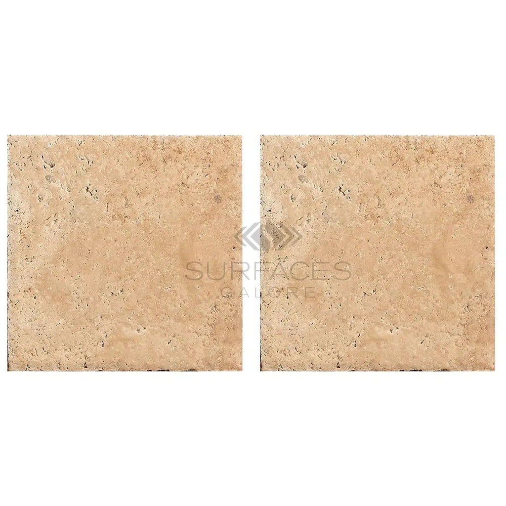 Two Walnut Travertine 18X18 tiles with unfilled, brushed, and chiseled edges