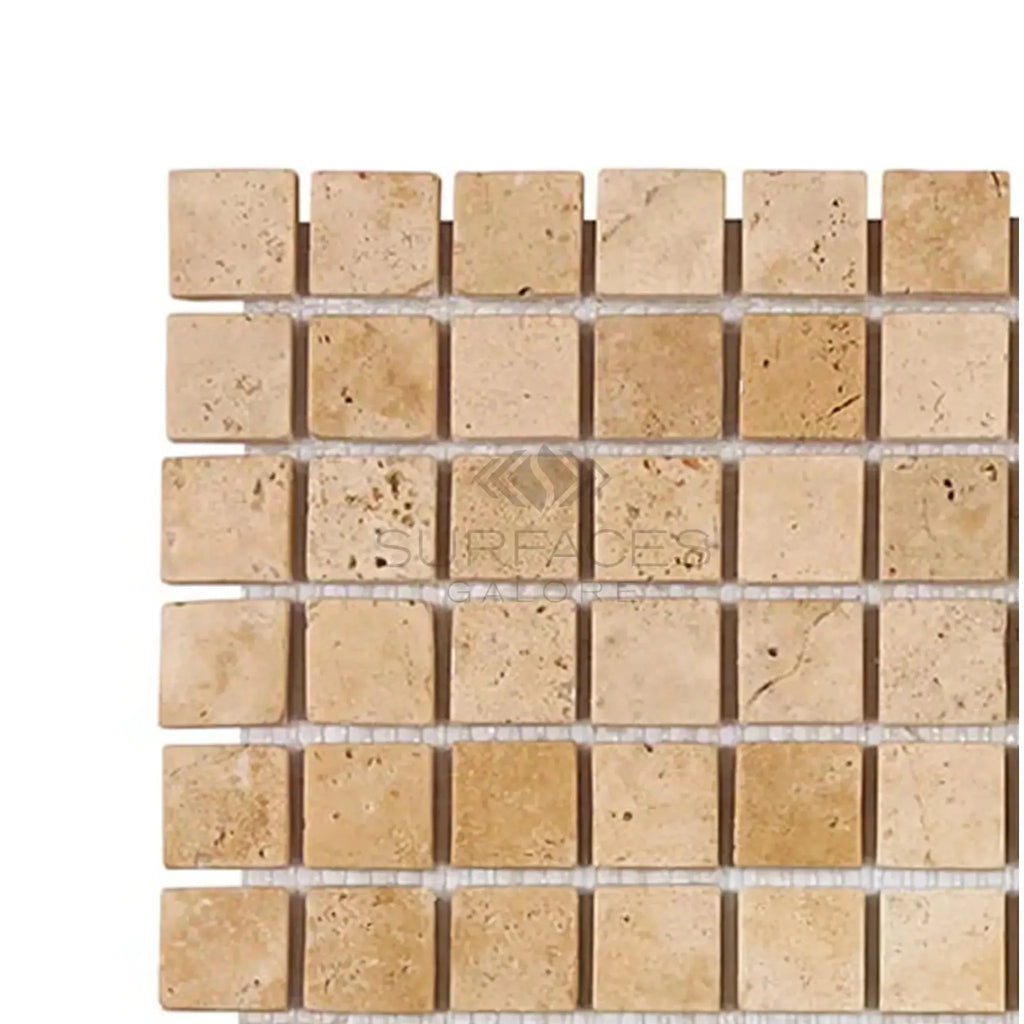 Beige Travertine Mosaic Tile Sheet in Walnut Travertine 1X1 Tumbled Design