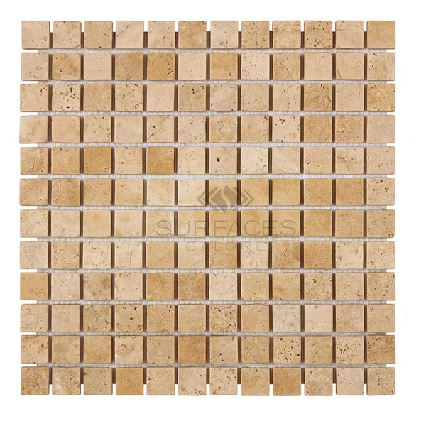 Beige Travertine mosaic tile sheet for Walnut Travertine 1X1 Mosaic Tile Tumbled