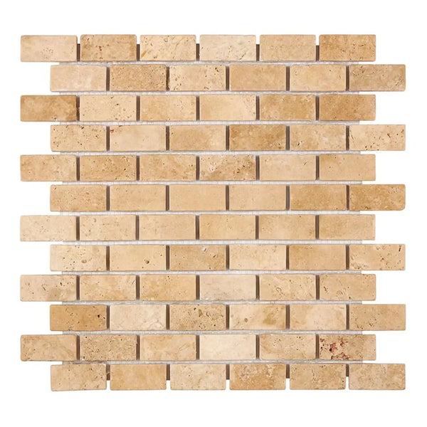 Walnut Travertine 1X2 Brick Mosaic Tile Tumbled showcasing elegant natural stone design