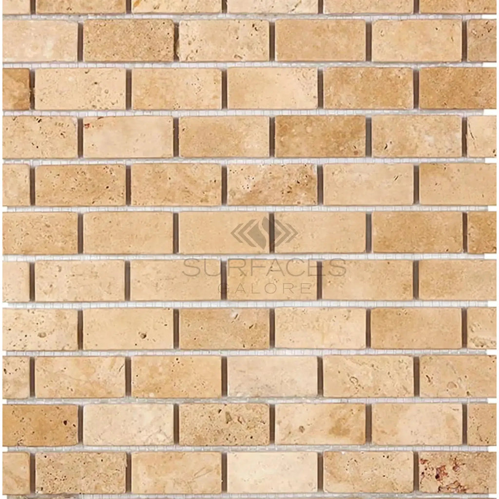 Tan brick mosaic tile from Walnut Travertine 1X2 Brick Mosaic Tile Tumbled collection