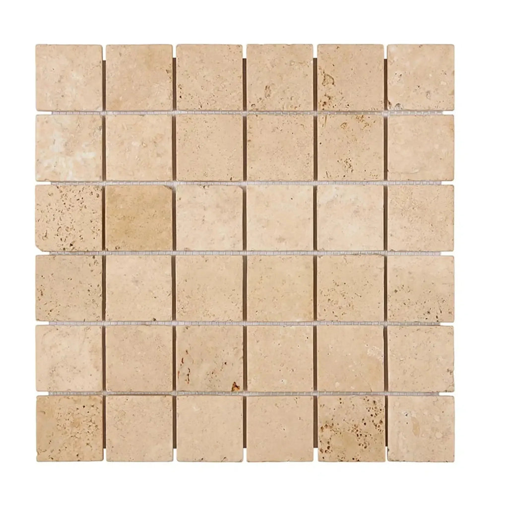 Beige Travertine mosaic tile sheet in Walnut Travertine 2X2 Tumbled finish