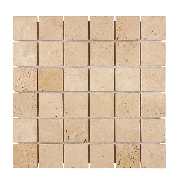 Beige Travertine mosaic tile sheet in Walnut Travertine 2X2 Tumbled finish