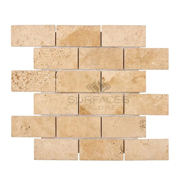 Walnut Travertine 2X4 Brick Mosaic Tile Tumbled showcasing elegant natural textures