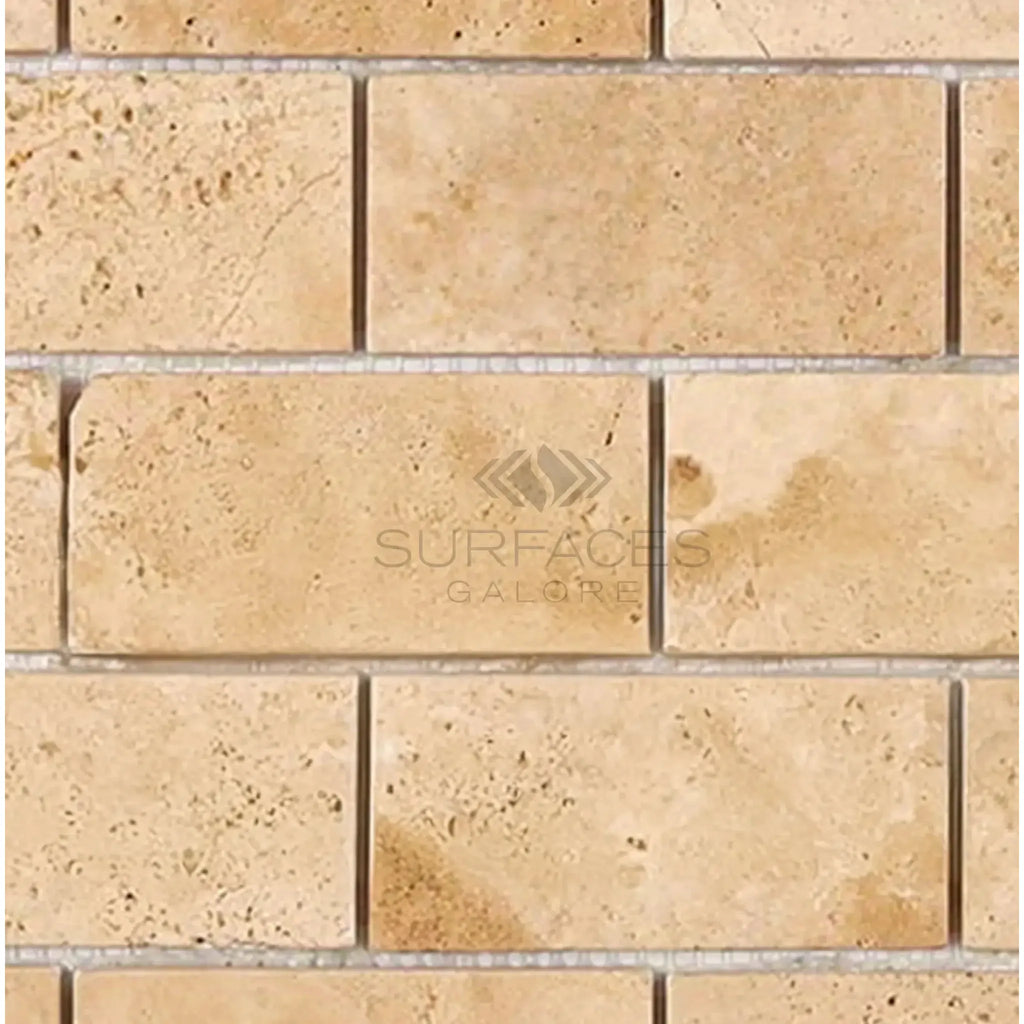 Walnut Travertine 2X4 Brick Mosaic Tile Tumbled featuring a natural stone wall design