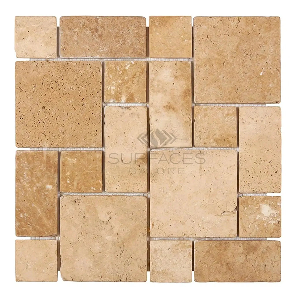 Beige Travertine Mosaic Tile in Walnut Travertine 3-pcs. Mini-Pattern Tumbled Design