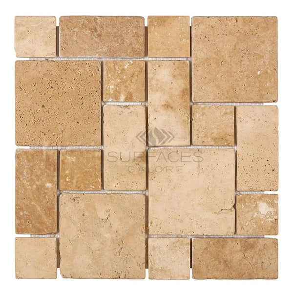 Beige Travertine Mosaic Tile in Walnut Travertine 3-pcs. Mini-Pattern Tumbled Design