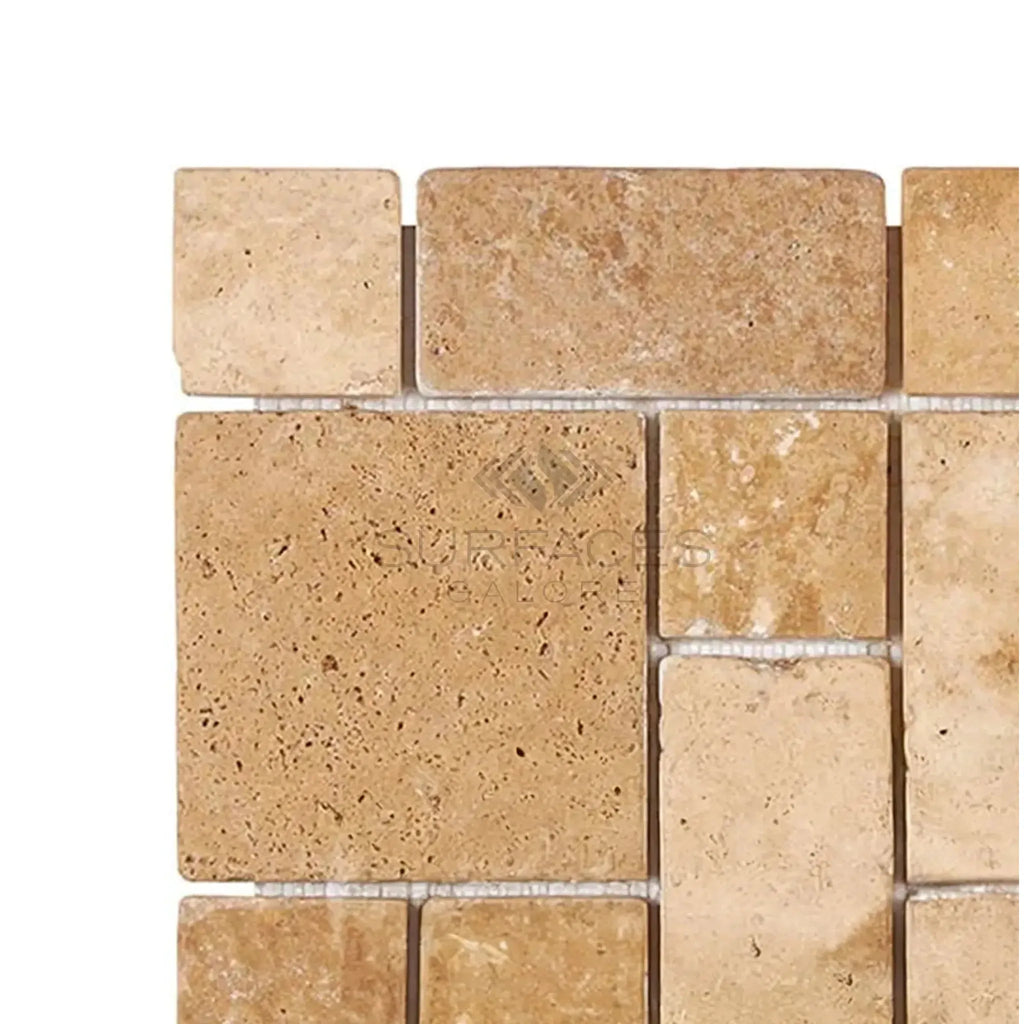 Walnut Travertine 3-pcs Mini-Pattern Mosaic Tile in Tumbled finish for elegant decor