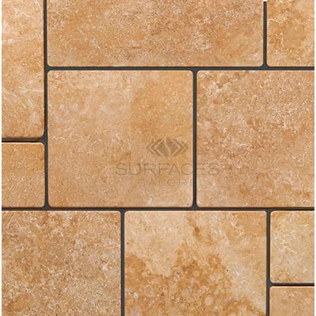 Tan travertine tile mosaic in Walnut Travertine 4 pcs Versailles Pattern set