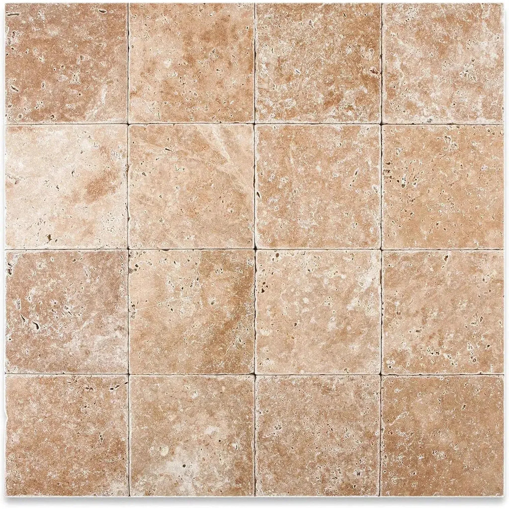 Square arrangement of Walnut Travertine 4X4 Tumbled tiles for elegant flooring design