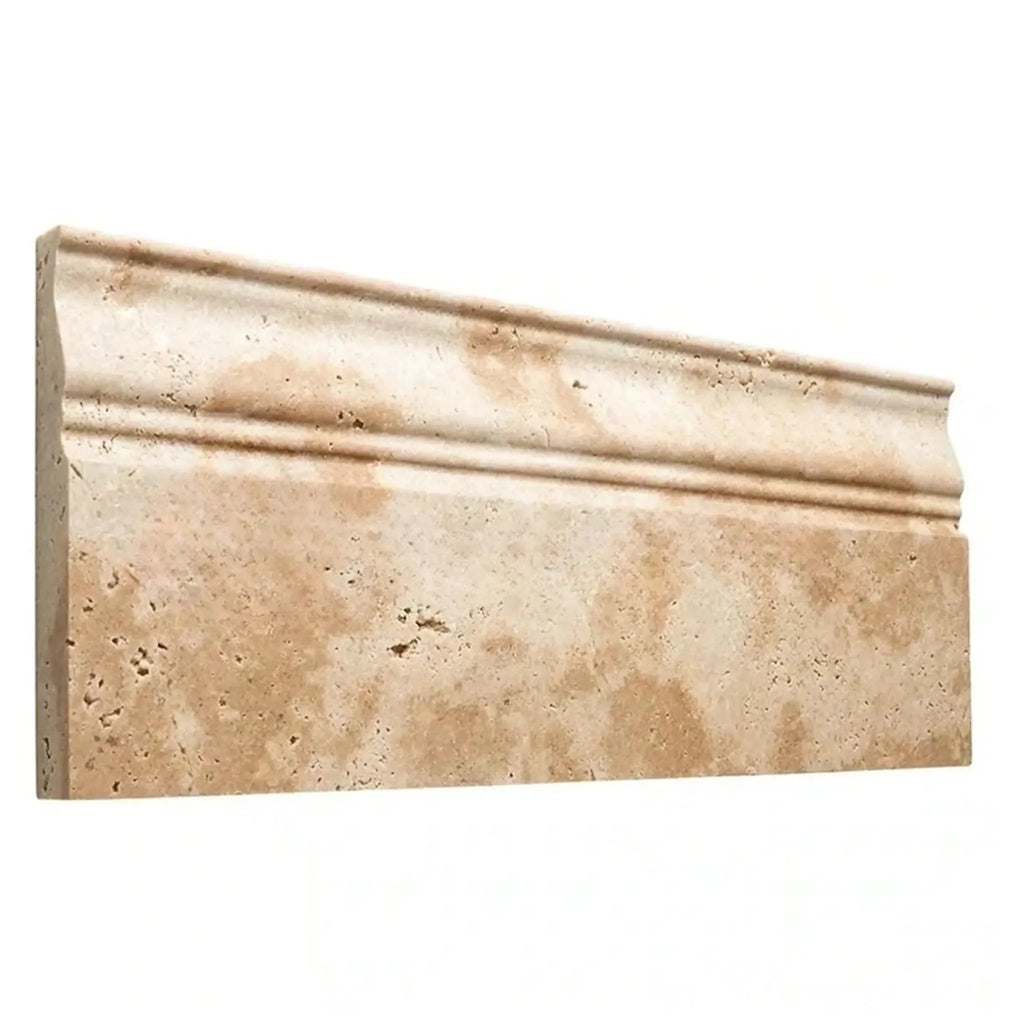 Walnut Travertine 5X12 Baseboard Trim Liner with decorative molding detail