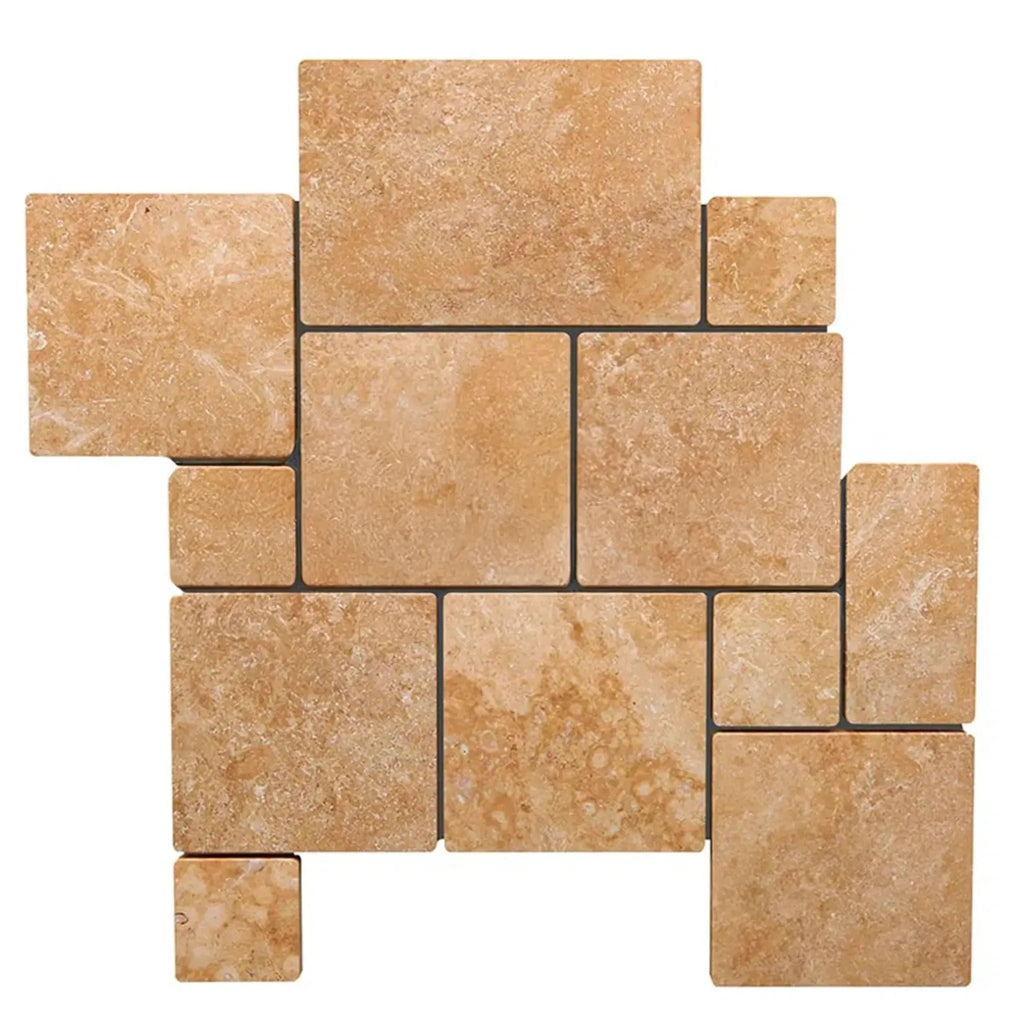 Tan travertine mosaic tile in Walnut Travertine Versailles Pattern Paver Set 3 cm Tumbled