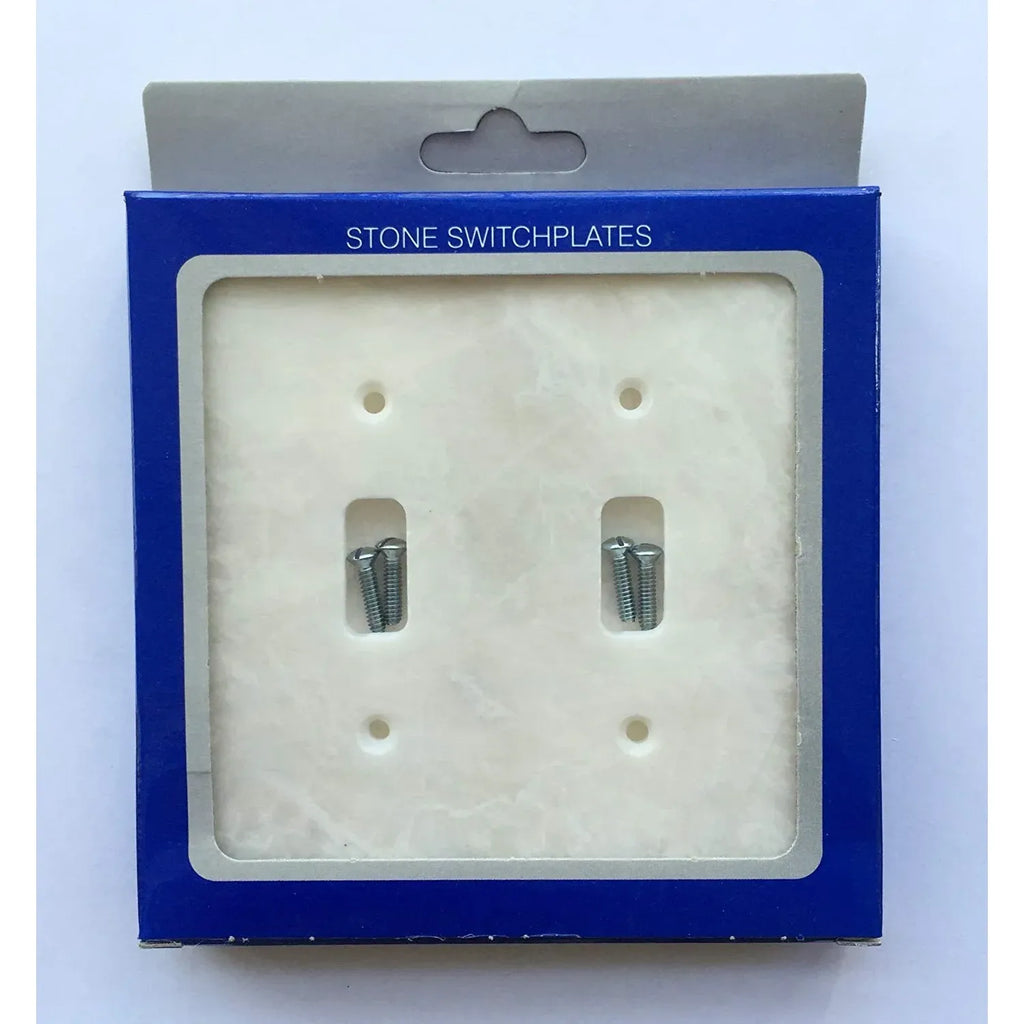 Stone switchplates in packaging for White Marble Meram Blanc Double Toggle Wall Plate